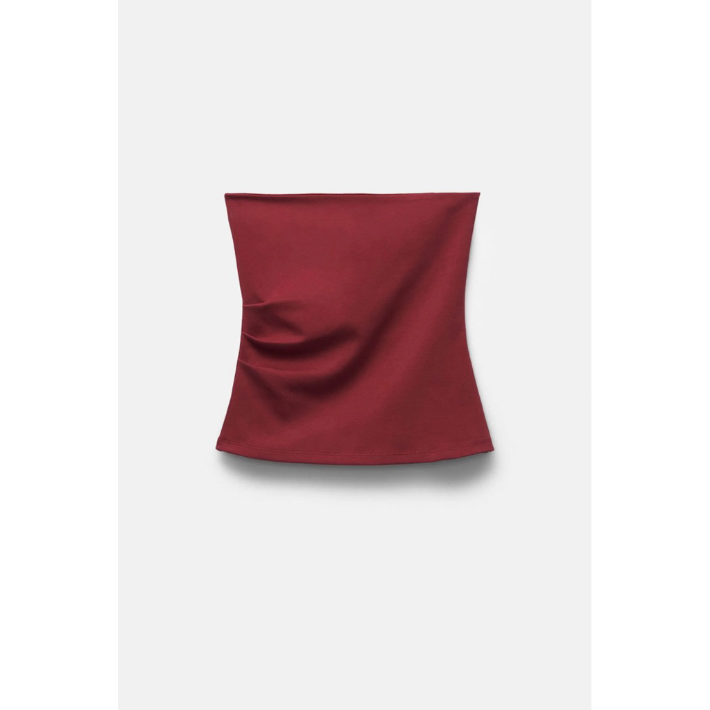 Pull & Bear burgundy gathered strapless top