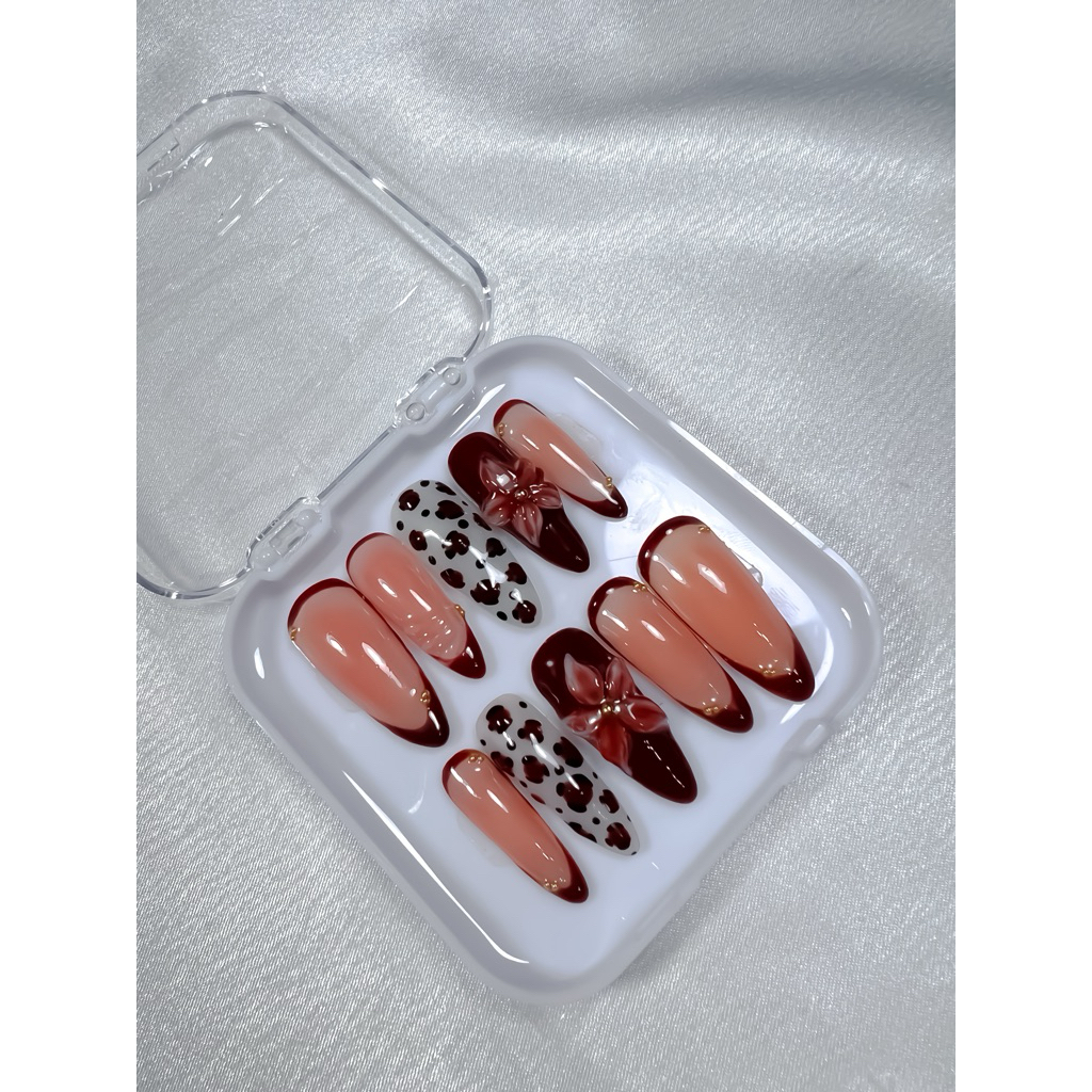 Press On Nails- Maroon leopard 3D flowers