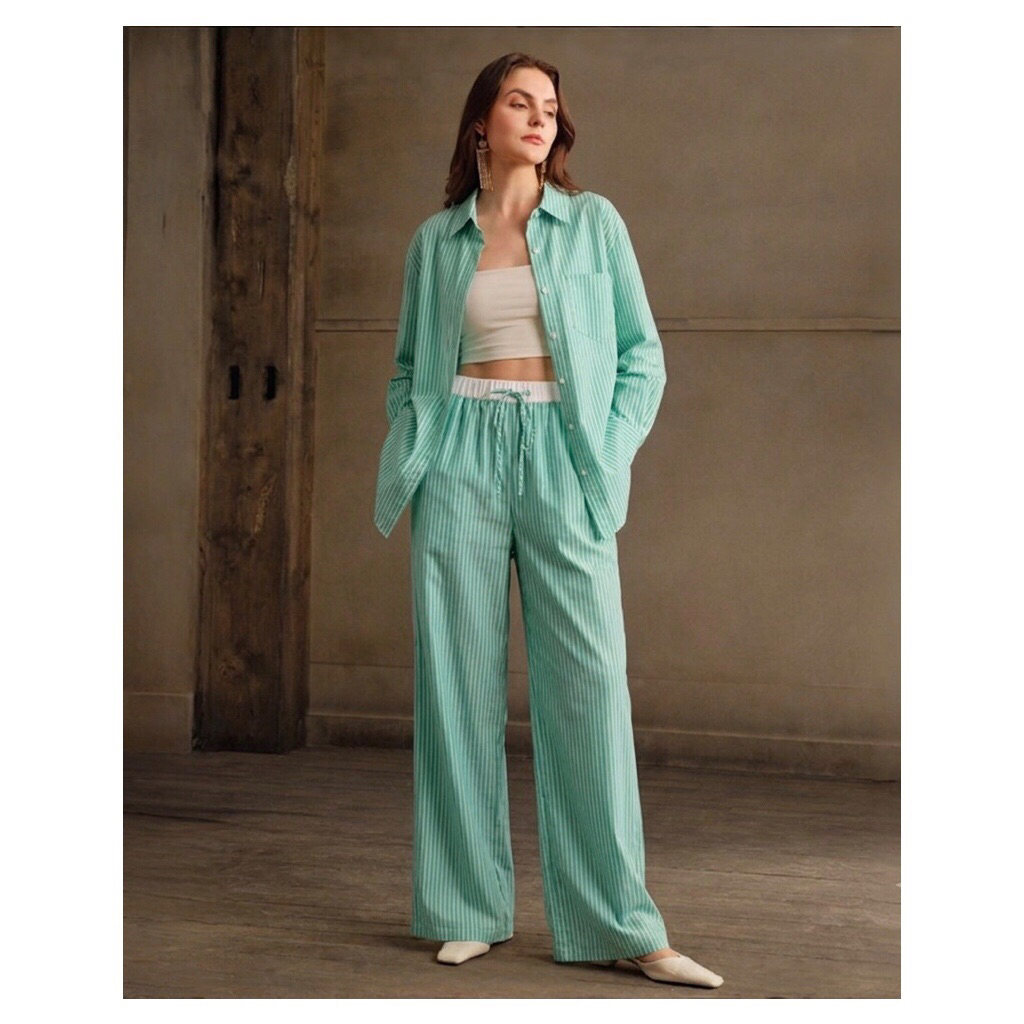 TNRLM/N - Green Stripe Blouse Casual Basic Pants Set