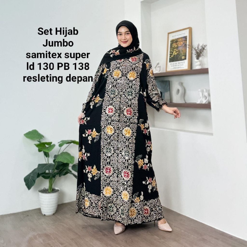 Set Gamis Jumbo Hijab Bunga Batik Cap