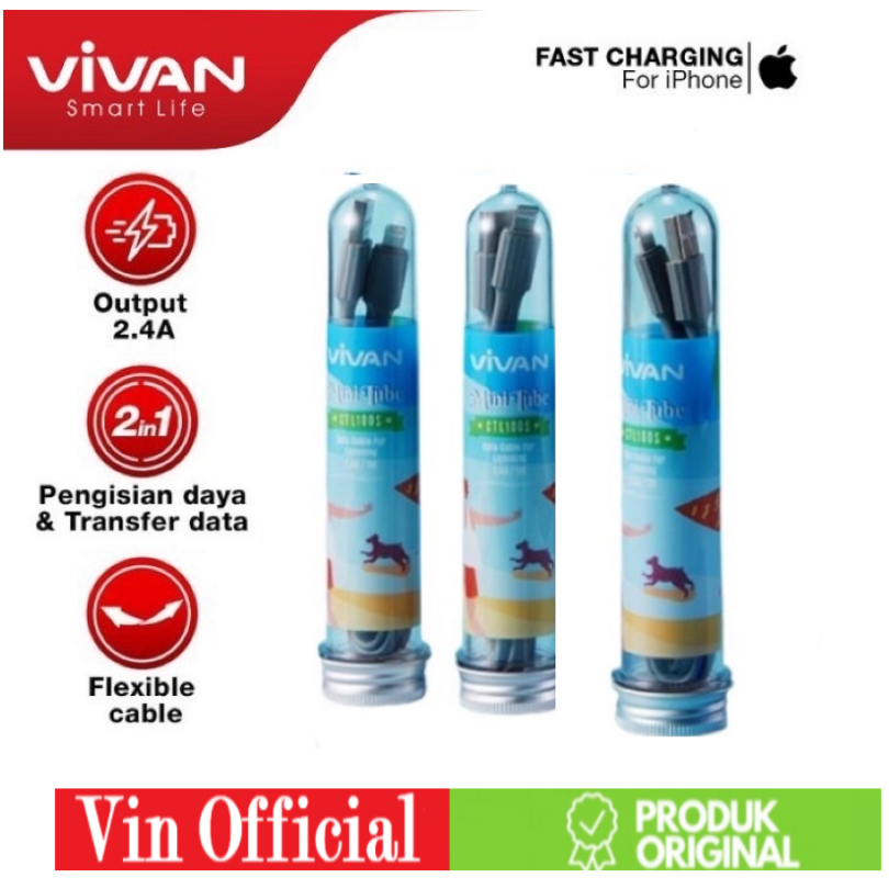 VIVAN Kabel Data CTL100S Cable Data 2.4A 1M Fast Charging Lighting Original (PER 1 PCS)
