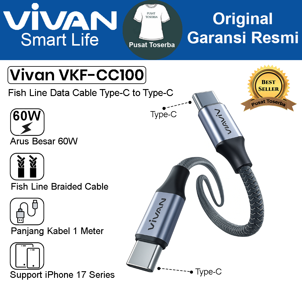 Kabel Data Vivan VKF-CC Type-C to Type-C 65W 100CM Quick Charge Braided Data Cable
