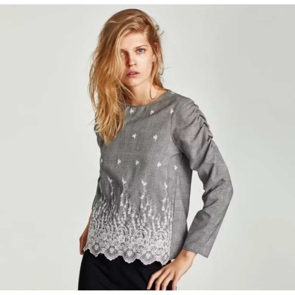 ZARA GREY EMBROIDERED BLOUSE