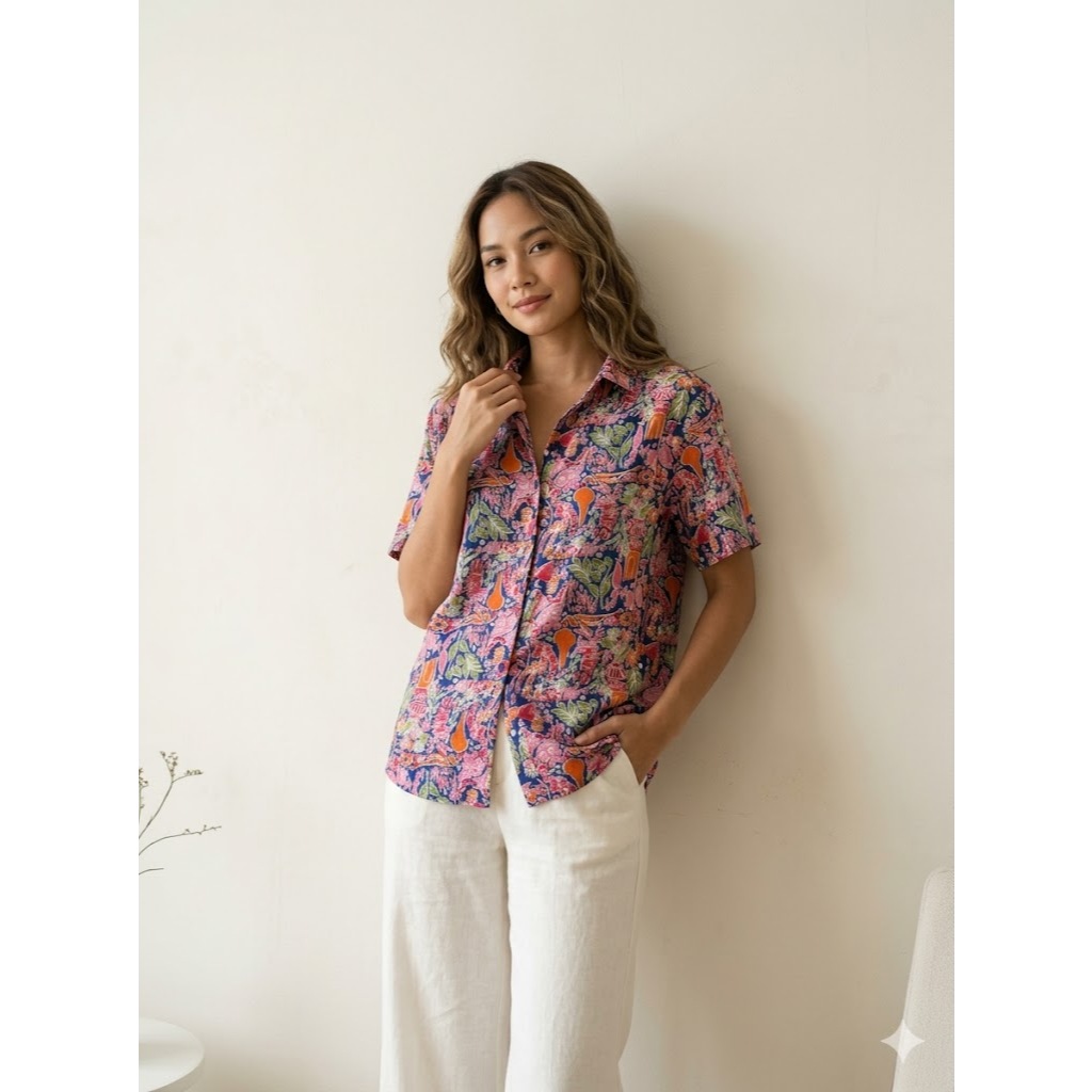 kemeja pendek katun corak size M