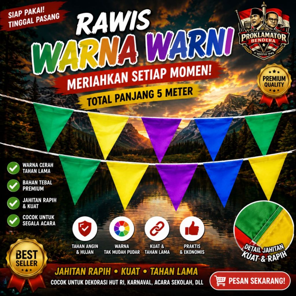 (20PCS)BENDERA SEGITIGA RARAWIS WARNA ( 5 METER )