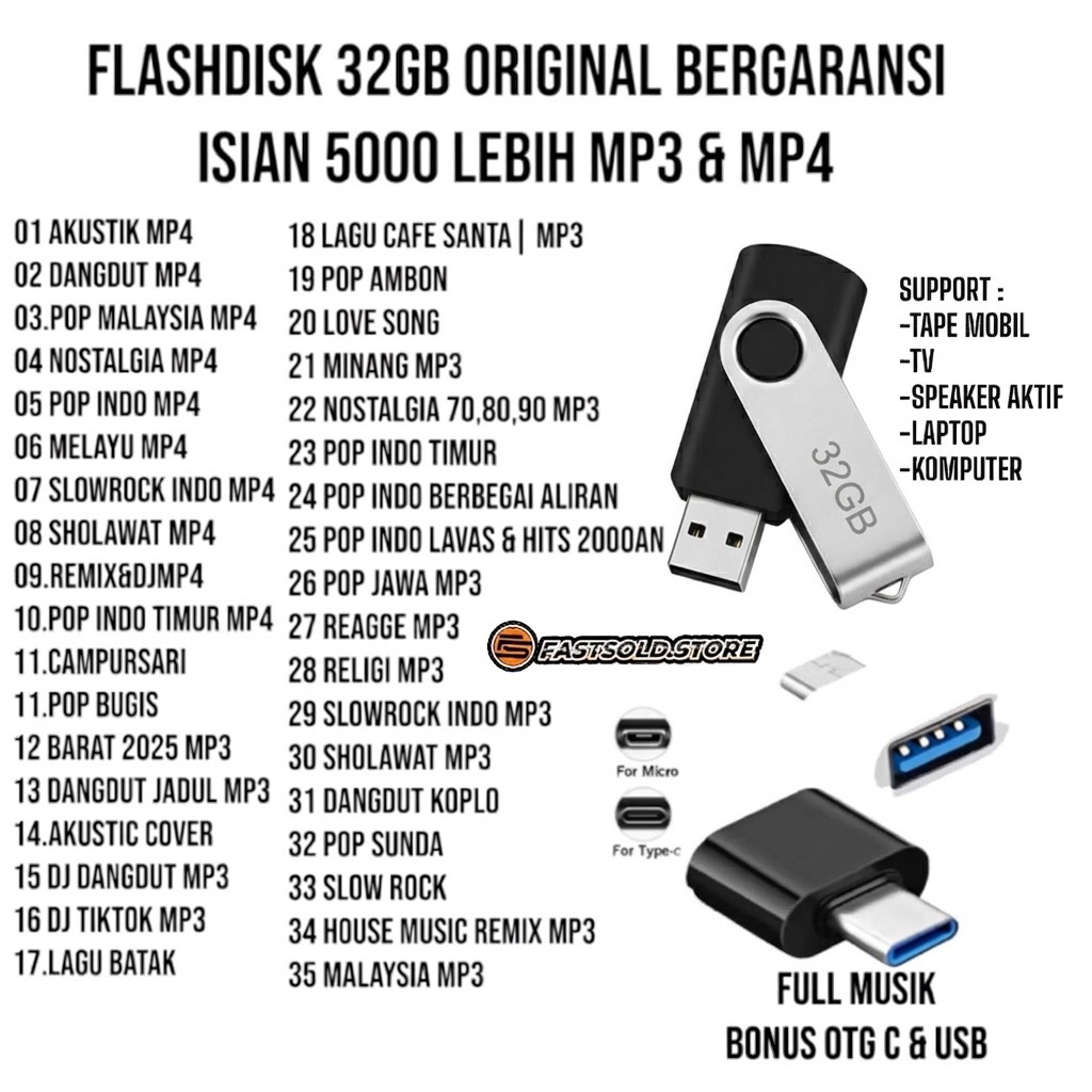 (BISA COD) FLASHDISK MUSIC MP3/MP4 SUPPORT LAPTOP|KOMPUTER|SPEAKER|MOBIL