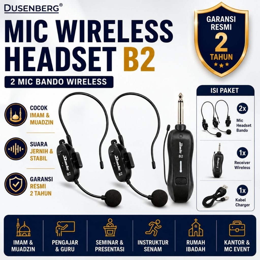 2 MICROPHONE WIRELESS HEADSET BANDO IMAM,AEROBIK,MENGAJAR DUSENBERG B2