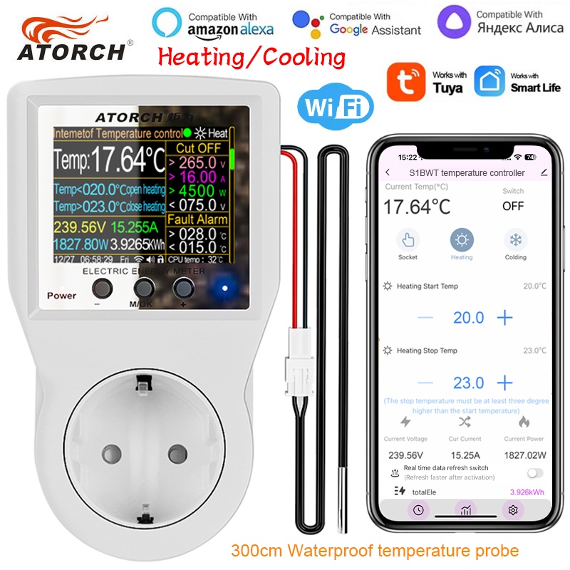 16A Tuya WIFI Smart Thermostat Socket Outlet Plug Remote Temperature Controller Timer Switch Cooling Heating 3M NTC Sensor