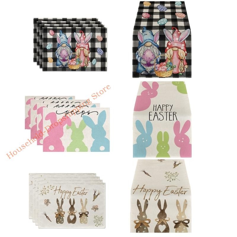 85AD Easter Table Runner with 4pcs Placemats Set Home Easter Gnome Bunny Table Mats