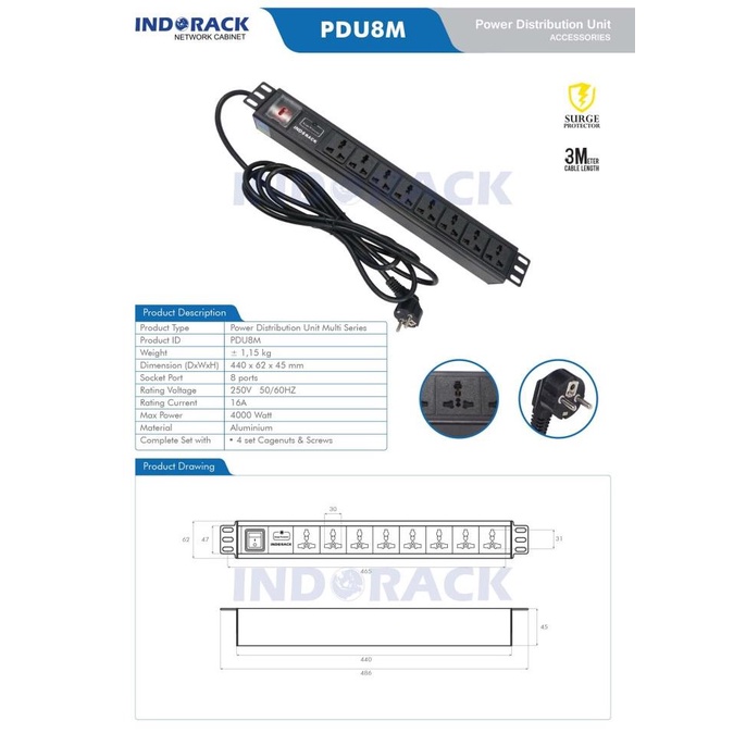 Pdu 6 Socket Multi Outlet Pdu6M - Stop Kontak Rack Server Indorack
