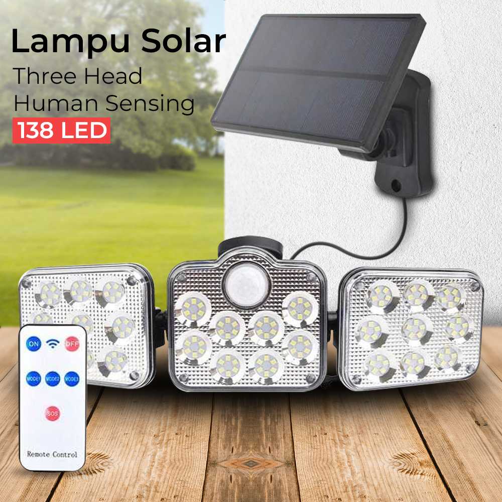 Lampu Solar 138 LED Three Head Human Sensing Remote Control