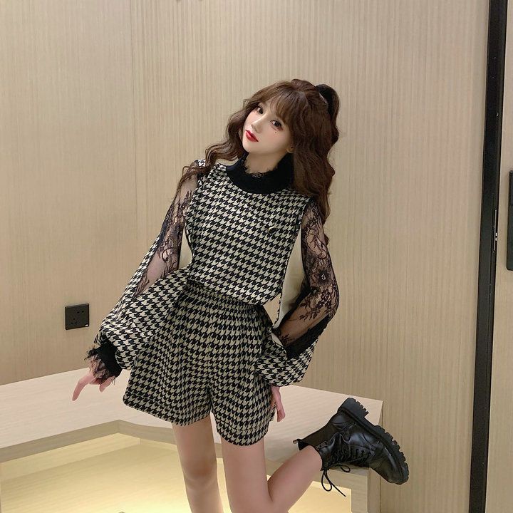 Women's patchwork lace top and shorts set