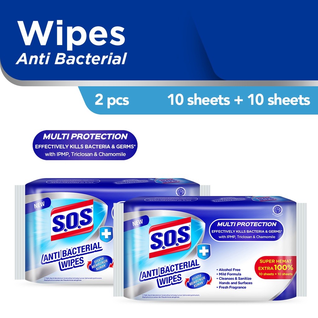 SOS Antibacterial Antiseptic Wipes 10+10's Extrafill