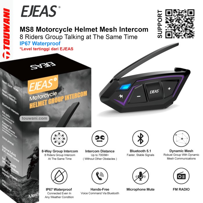 Intercom Interkom Bluetooth Helm Mesh Group Ejeas MS8 Waterproof