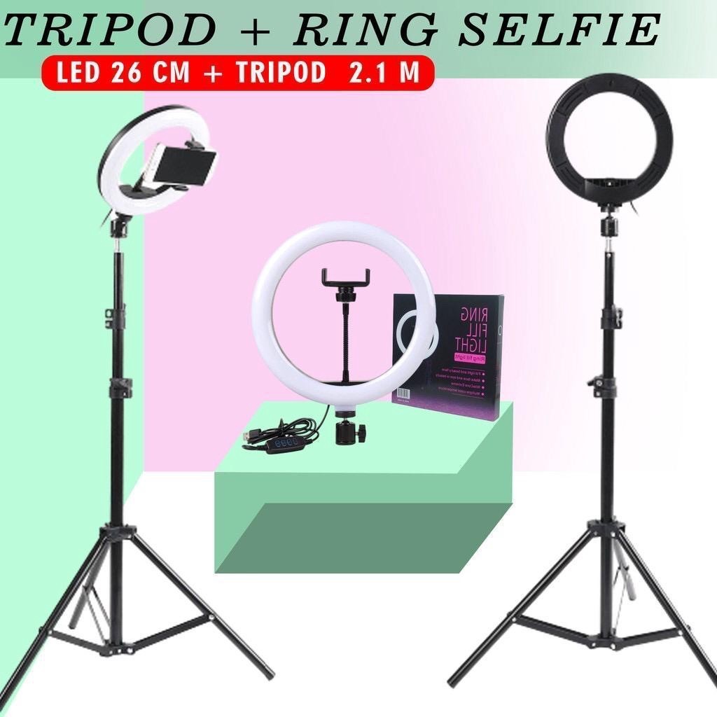 PAKET KOMPLIT RINGLIGHT 26CM + TRIPOD 2,1 METER MAKE UP VLOG LAMPU RINGLIGHT