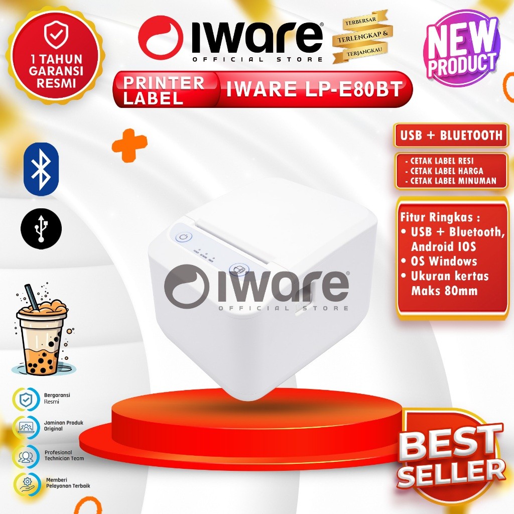 Iware Printer Barcode Thermal LP-E80BT Cetak Label Boba 80mm Usb+Bluetooth