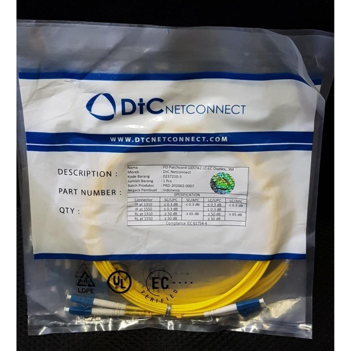 DTC Patch Cord LC - LC Singlemode Duplex 3M , Kabel FO 3 Meter
