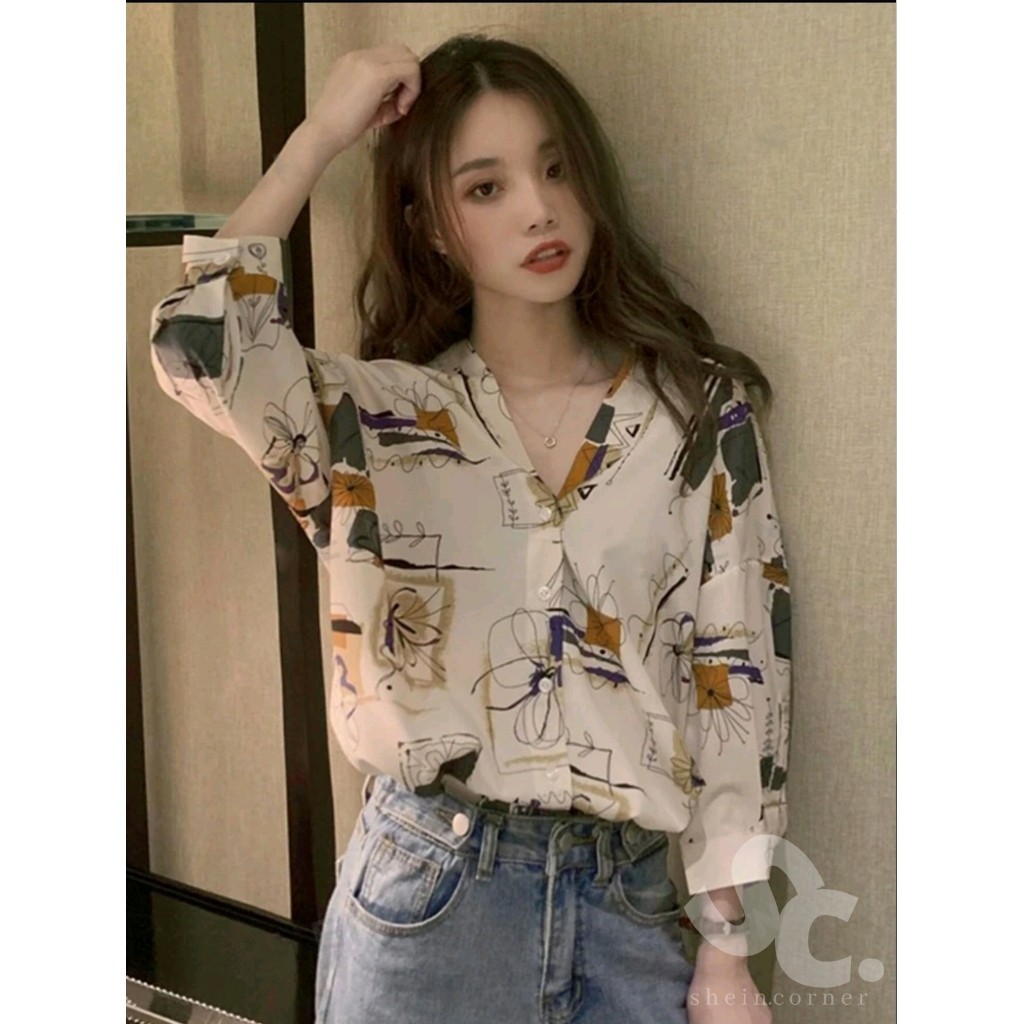 Allover Print Button Front Drop Shoulder Blouse