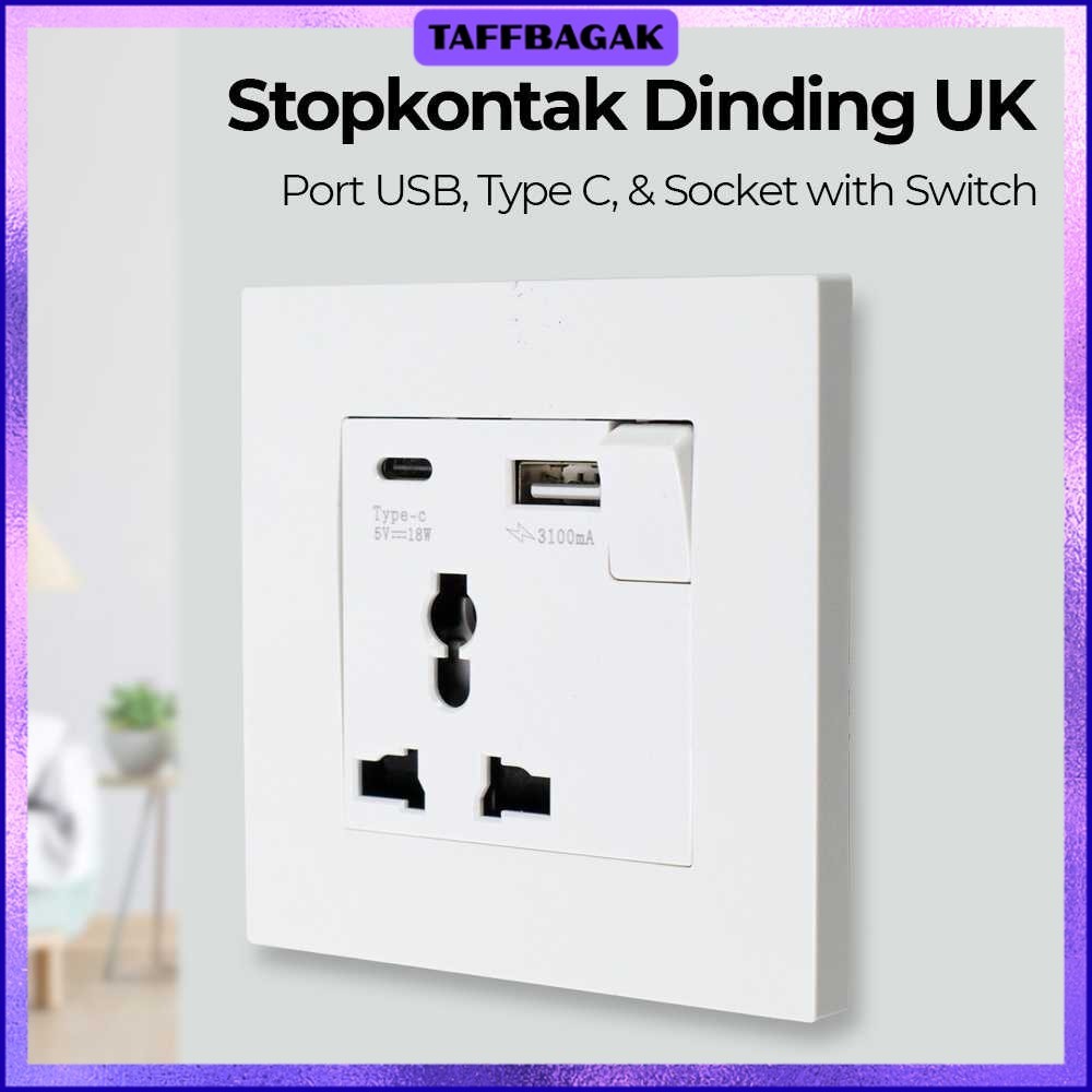 Taffware Stop Kontak Dinding UK 2 Port USB Type C Socket with Switch - SR3