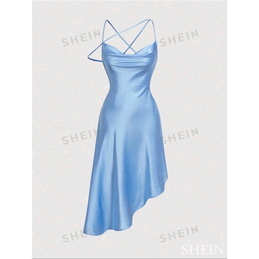 Sshine MOD Solid Draped Collar Astmetrical Hem Satin Cami Dress