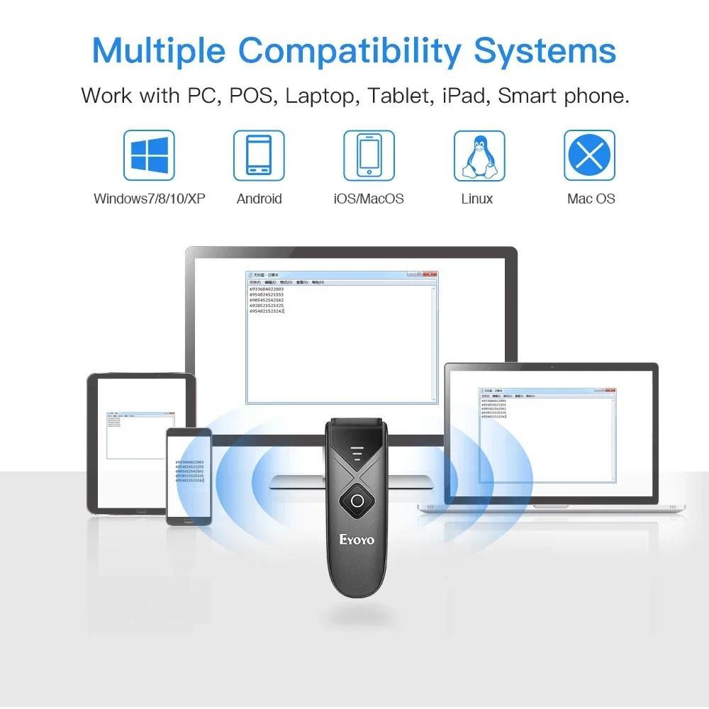 Eyoyo Mini Portable 1D2D Bluetooth Barcode Scanner QR Code Screen Reader PDF417 Data Matrix USB Wired Wireless Scanner For store