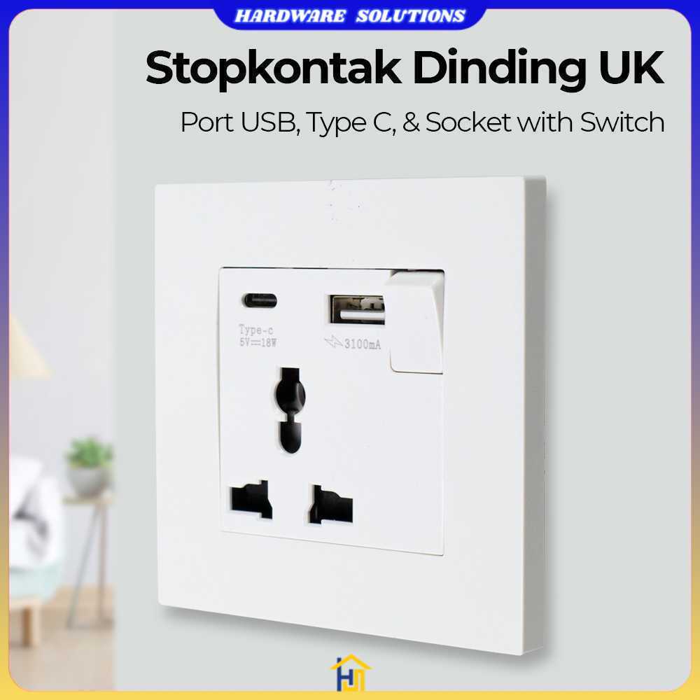 TAFFWARE Stop Kontak Dinding UK 2 Port USB Type C Socket with Switch - SR3