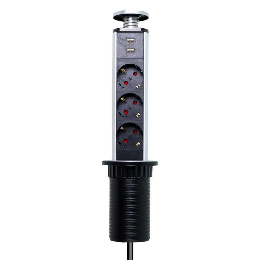 UR TECH Stop Kontak Pull Pop UP 3 Electric Plug Socket + 2 USB Port EU - PDU