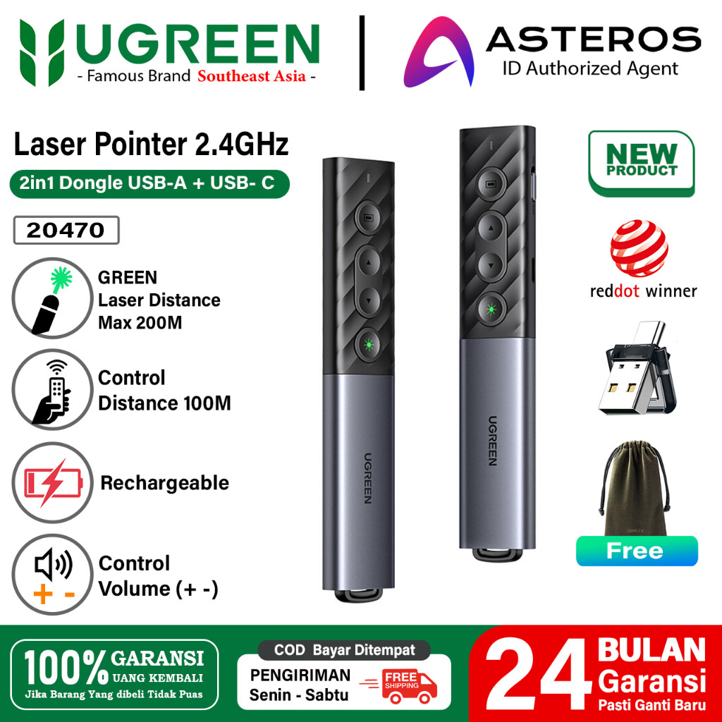 GigaByte Store UGREEN Laser Pointer Wireless Presenter Remote Presentasi Rechargeable For Mac Windows Linux