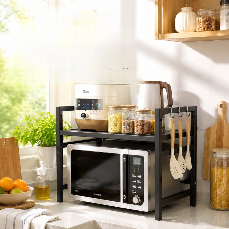 Thickened Expandable Microwave Rack, Adjustable Countertop Shelf, Practical Organizer for Kitchen Storage