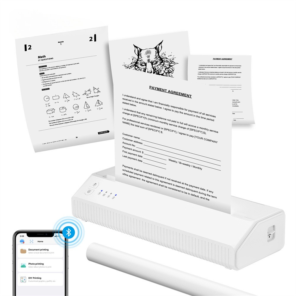 Inkless A4 Thermal Printer Portable Bluetooth Document Printer For Travel Home Mobile Printer Support Android iOS(With Plug)