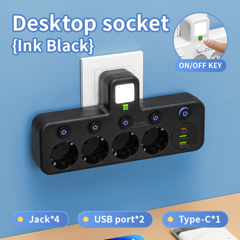 EU plug and socket 4 sockets, multi plug wall power plug and socket without extension cable or USB and Type-C port