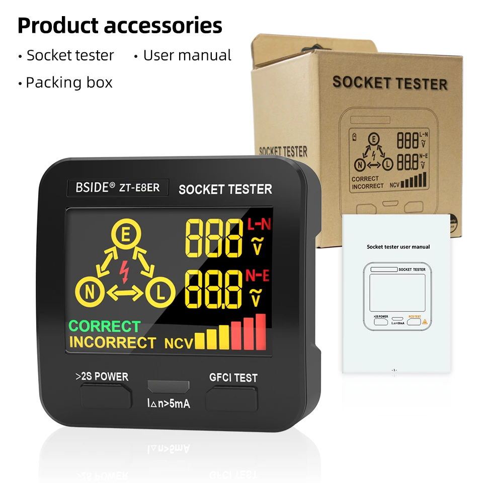 BSIDE Socket Tester Smart Socket Voltage Checker RCD GFCI Test NCV Live Neutral Test EU USA UK Plug Table