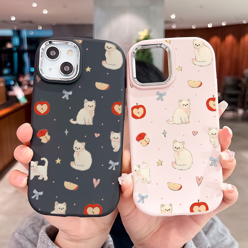 Creative White Cat & Apple Pattern Phone Case CHROME LENS CASE FOR Redmi Note 9a/9i/12/Note 14/9C/13/13C/Note 9/13/13c/Note 9/14C/Note 10/Note 10s/Note 12/Note 12 pro