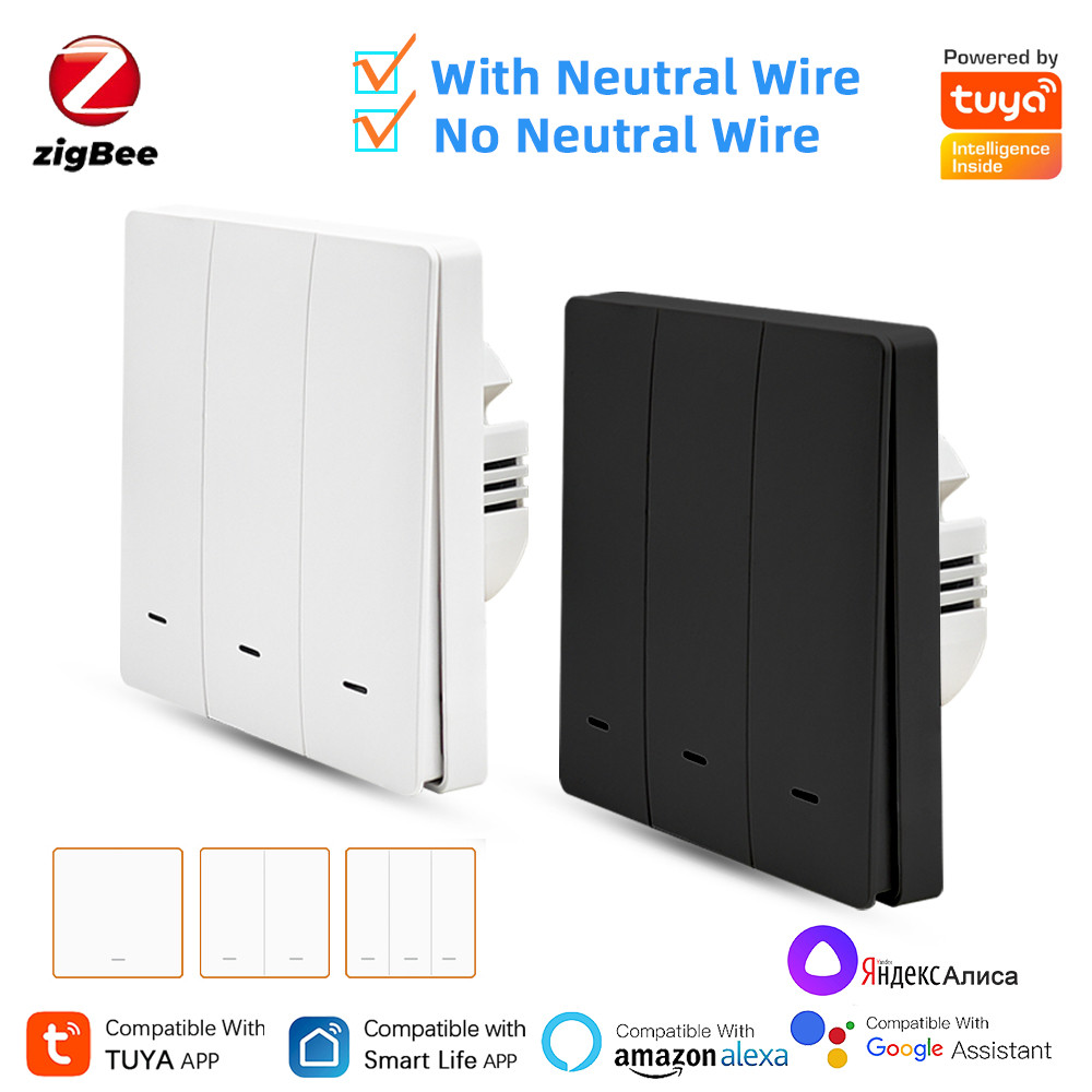 Tuya Zigbee Smart Push Button Switch With/No Neutral Wire 2in1 Light Timing Control Panel Works With