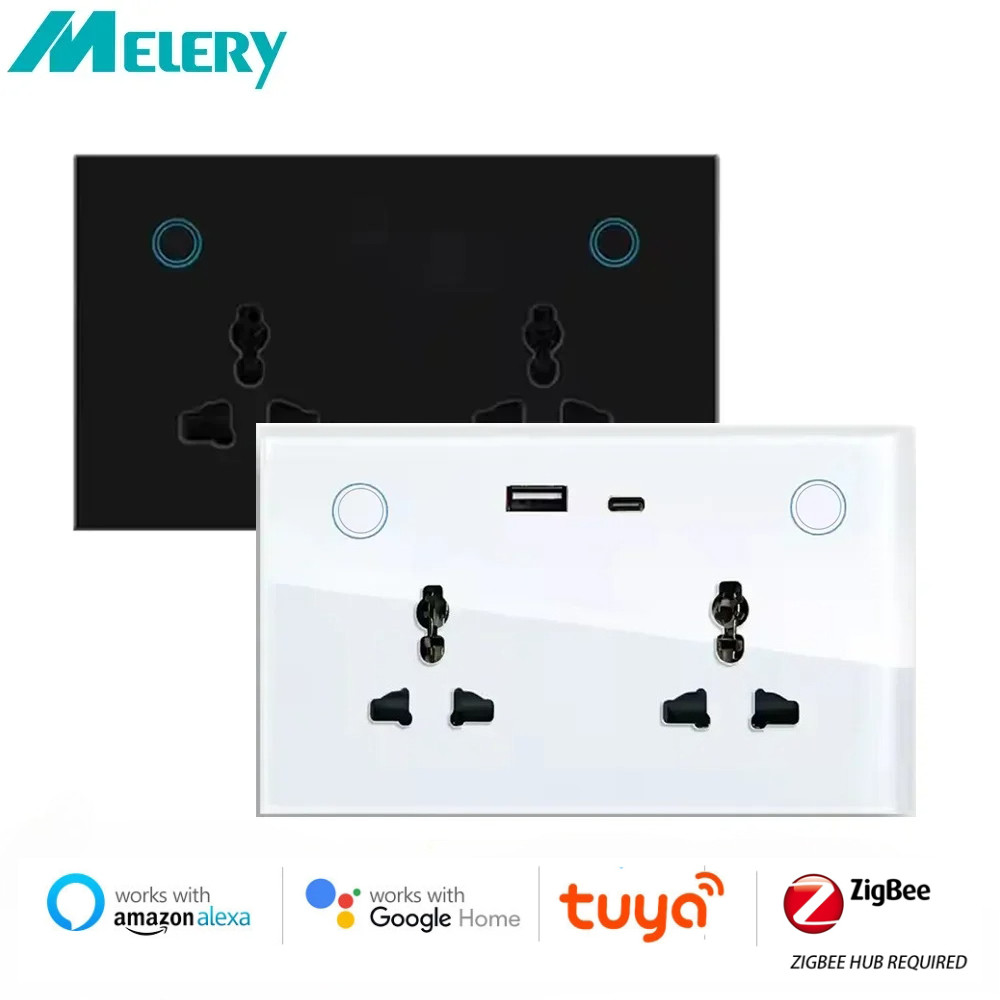 Melery Zigbee Tuya 147 Wall Socket USB Type-C PD 20W Universal Power Plug Outlet Touch Switch Voice