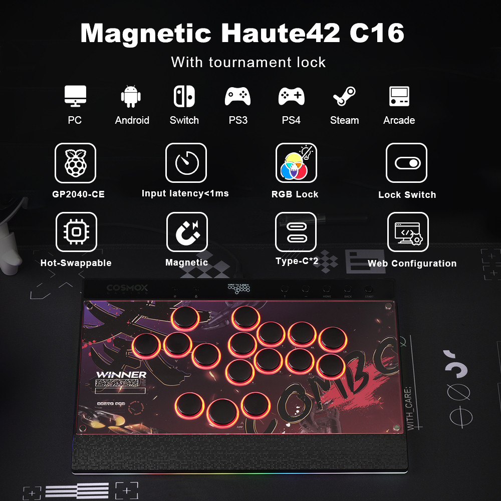 Haute42 C16 Magnetic Leverless Hitbox Controller Stickless Arcade Controller Keyboard For PC/