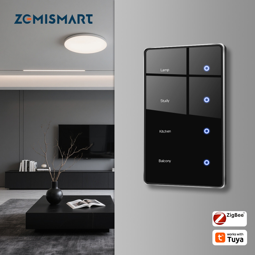 Zigbee DIY Name Switch with Display Screen US Black Touch Panel Light Switch Works with Tuya Smart