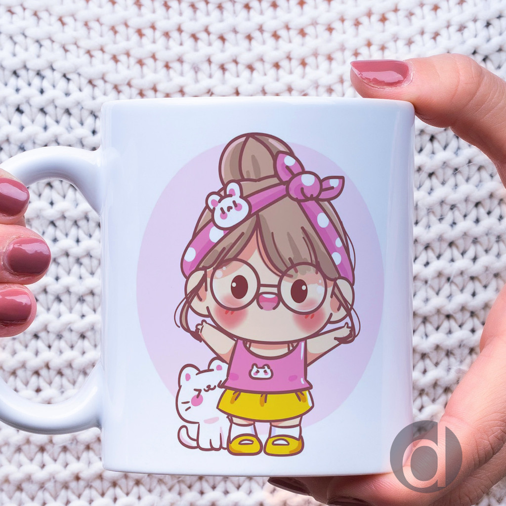 Mug Chibi Cewek dengan Kucing Lucu