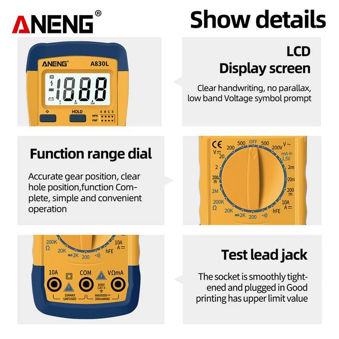 3b8e- Aneng A830L Digital Multitester Ac Dc Volt Buzzer Backlight Original