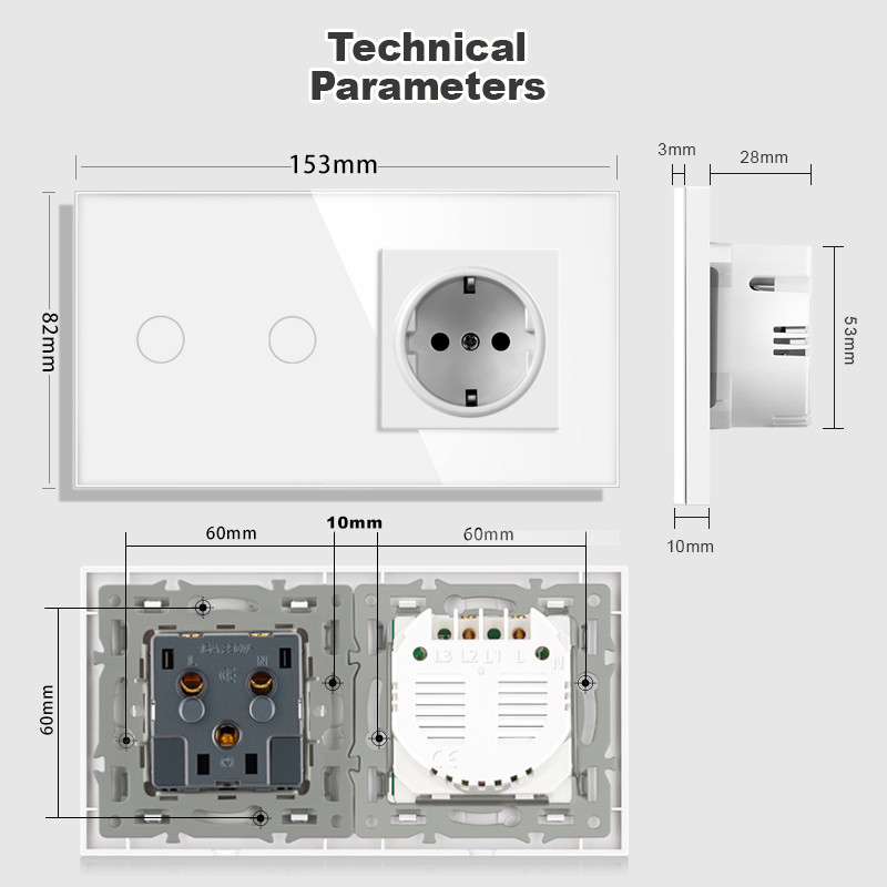 Touch Sensor Switch With Socket With Usb Crystal Glass Panel 153*82mm 220V 16A Wall Socket With