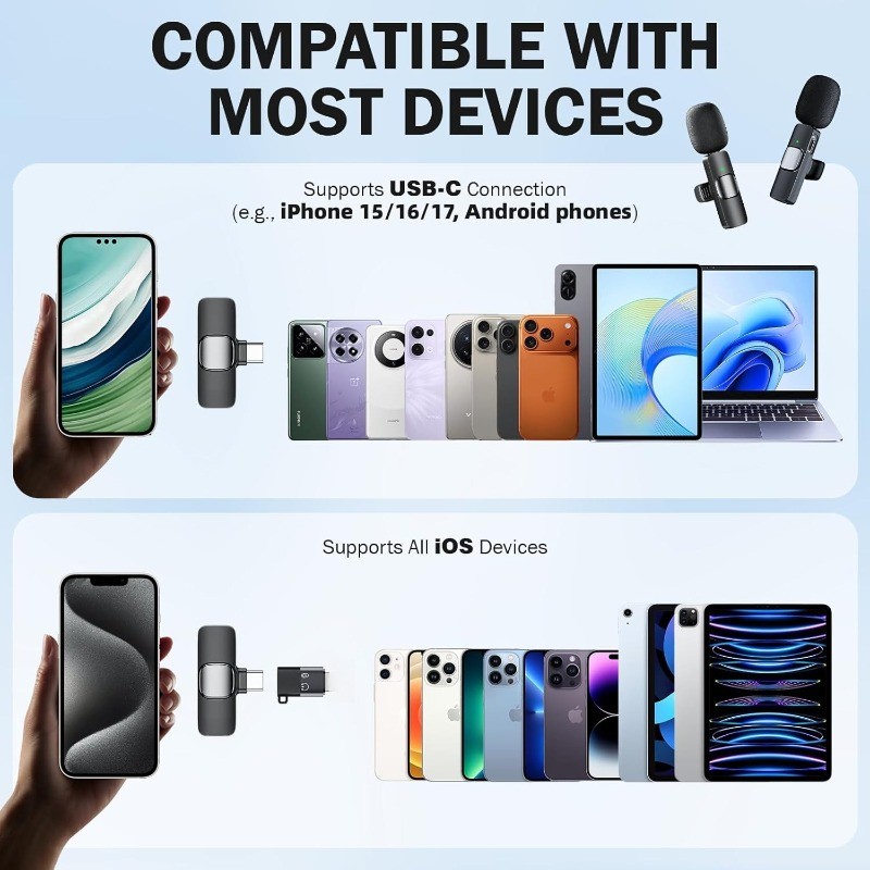 Wireless Lavalier Microphone Portable Audio Video Recording Mini Microphone for iPhone Android PC