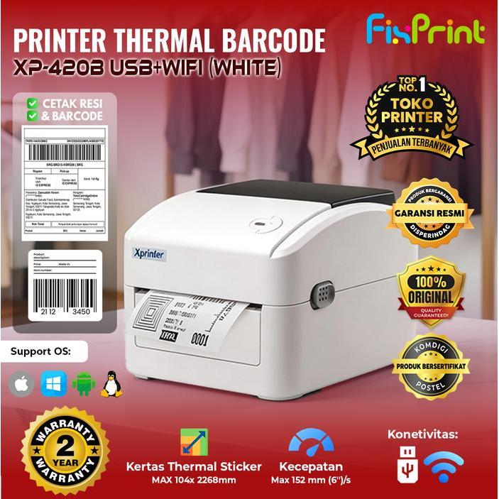 Printer Resi Label Barcode XP-420B USB Only White XPrinter Thermal XP420B Interface USB Only Putih