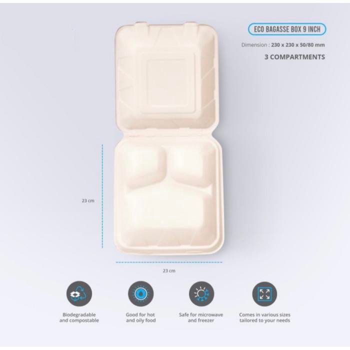 RRShop- Sugarcane Bagasse Food Box 9" (3 Compartments
