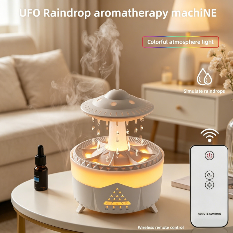 Rain Cloud Humidifier Mini UFO Aroma Diffuser with Remote Control - Colorful LED Night Light &