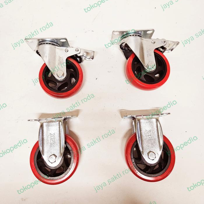COD Roda pu merah 4 inch 2putar+rem 2mati taiwan