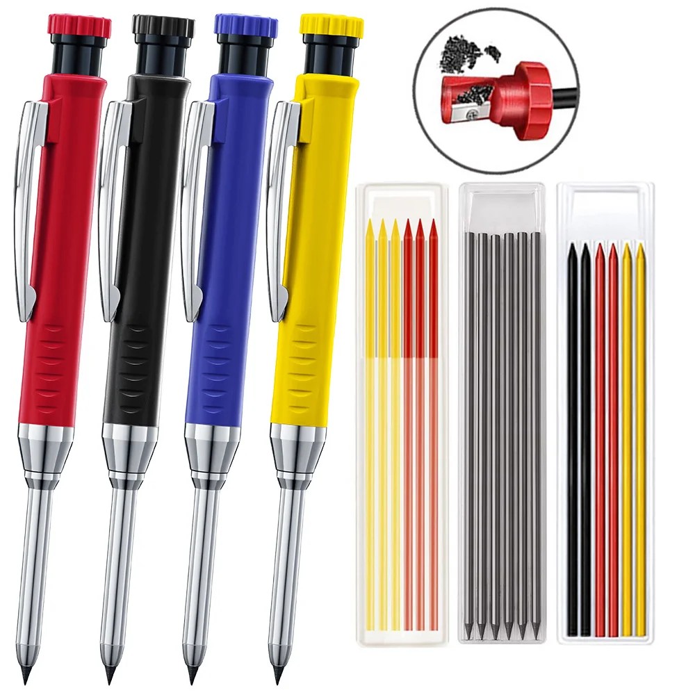 Solid Carpenter Mechanical Pencil With Sharpener Woodworking Tools 2.8Mm 3 Colors Refill
