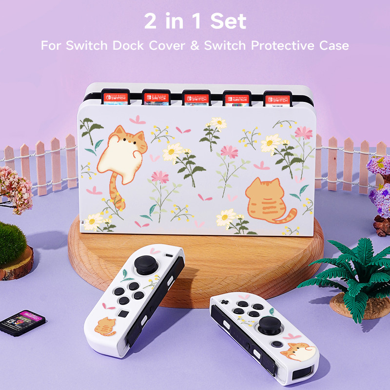 2 Pcs Orange Cat And Flower Theme Pattern Protect Case With Base Cover Set For Switch Oled/Switch