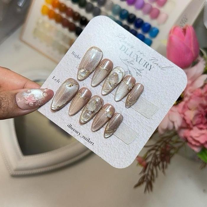 Press on nail Wedding Nude choco Cateyes