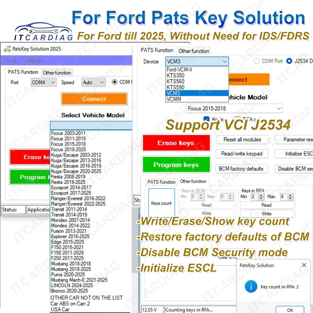 For Ford Pats Key Solution 2025 Patskey Show Key Count Erase Keys Read/Write Keypad Code Disable BCM