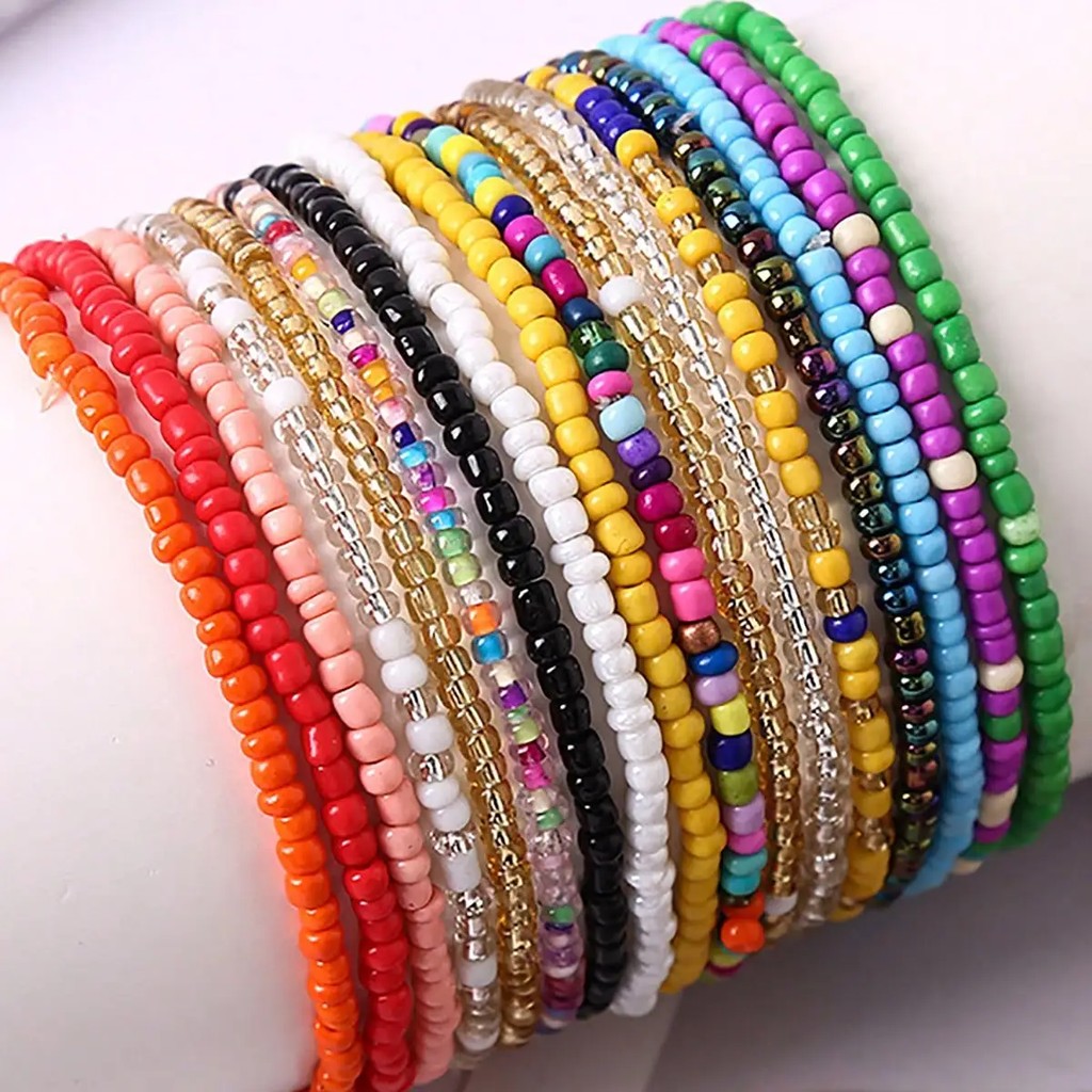 17Pcs Random Color Mixing Elastic Beaded Bracelets Bohemian Stackable Beaded Stretch Bracelets